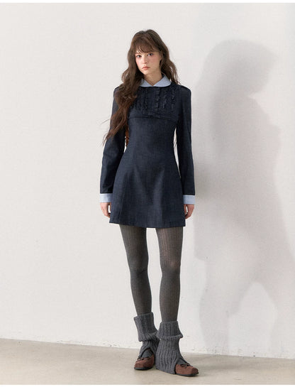 [TMMG] French Vintage Deep Navy Faux Two-Piece Ruffle Dress