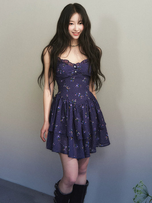 1P - Deep Purple Floral Chiffon Tiered Mini Dress