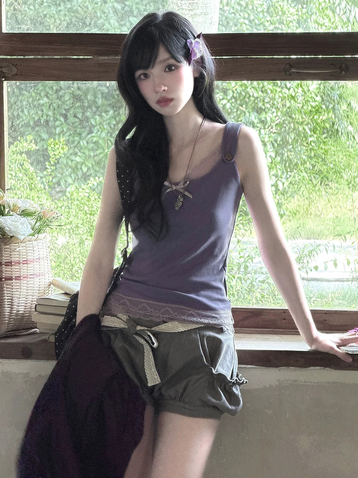 "Sage Whisper" Layered Knit Collection (Hooded Knit Cardigan / Lace Cami / Bubble Shorts)