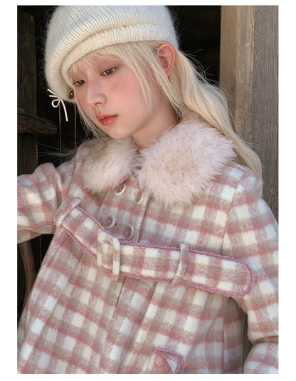 RF - Dusty Pink Plaid Wool-Look Coat with Detachable Fur Collar