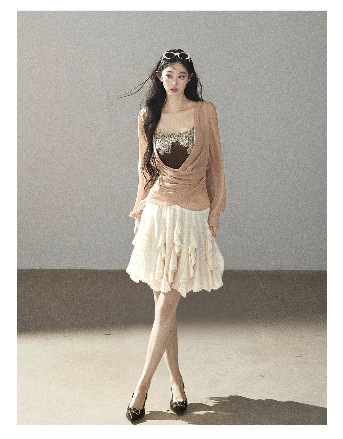 AOMALM - Cinnamon Blush Ruched Wrap Chiffon Top with Lace Cami Set