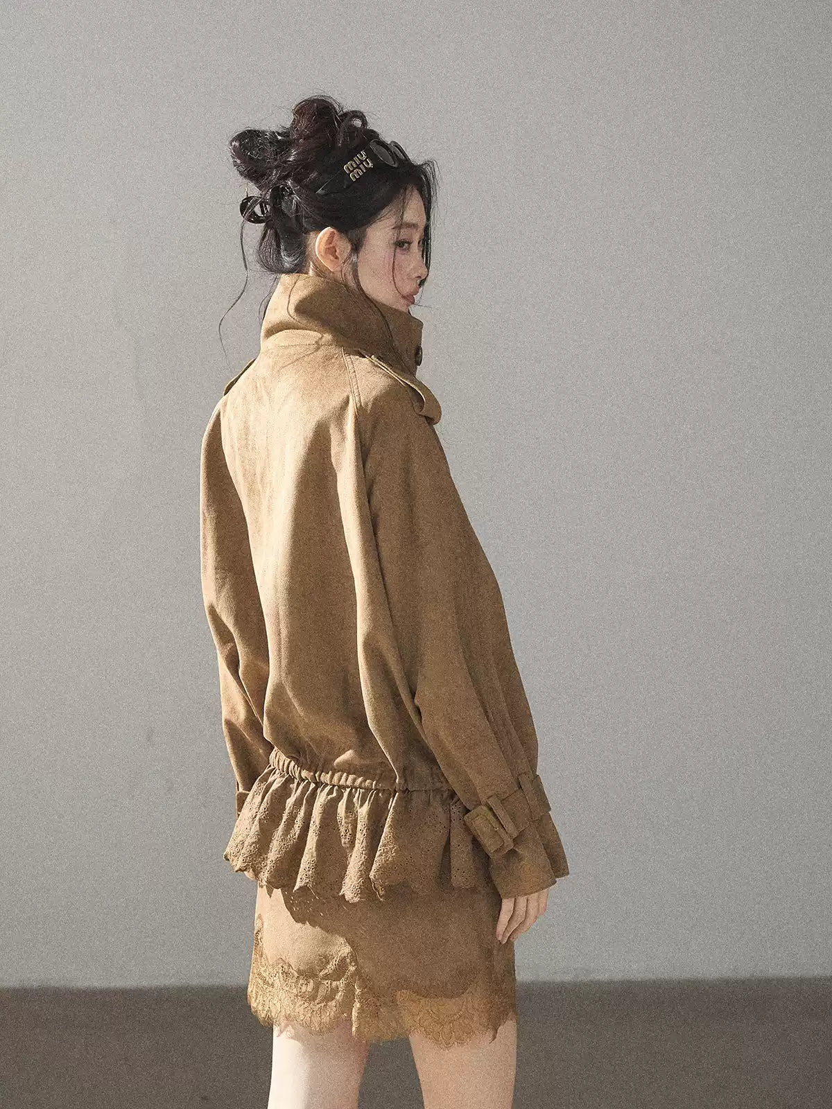 AOMALM - Sandstone Brown Faux-Suede Jacket & Lace-Trim Mini Skirt Set