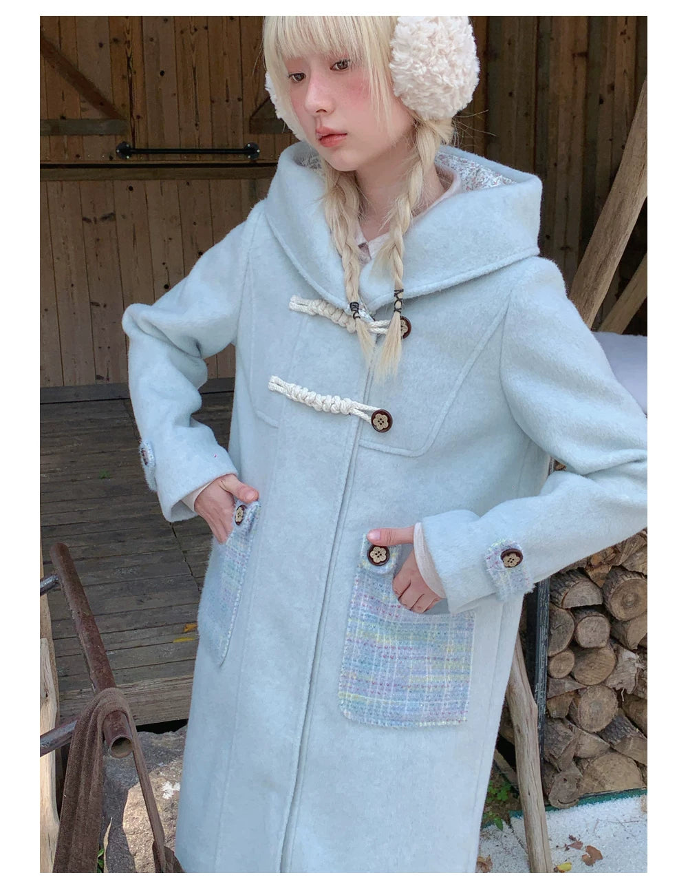 RF - Light Blue Plaid Mid-Length Wool-Blend Coat with Toggle Closures