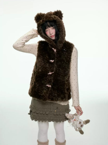 BIBIBENCY - Brown Faux Fur Hooded Vest with Toggle Closures