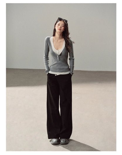 AOMALM - Korean U-Neck Faux Layered Knit Top