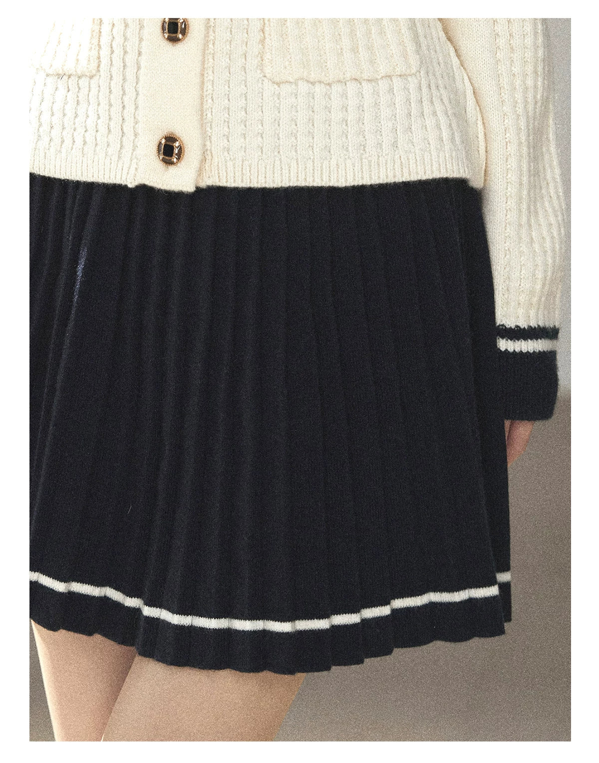 AOMALM - Creamy Off-White Cardigan & Navy Mini Skirt Set