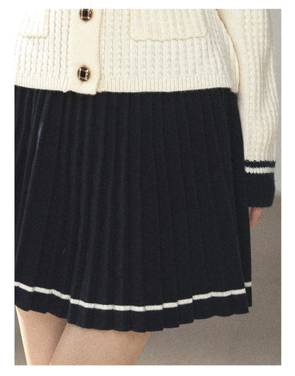 AOMALM - Creamy Off-White Cardigan & Navy Mini Skirt Set