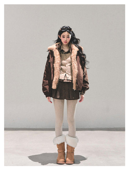 少也眼 "Endless Freedom" Detachable Faux Fur Layered Brown Jacket