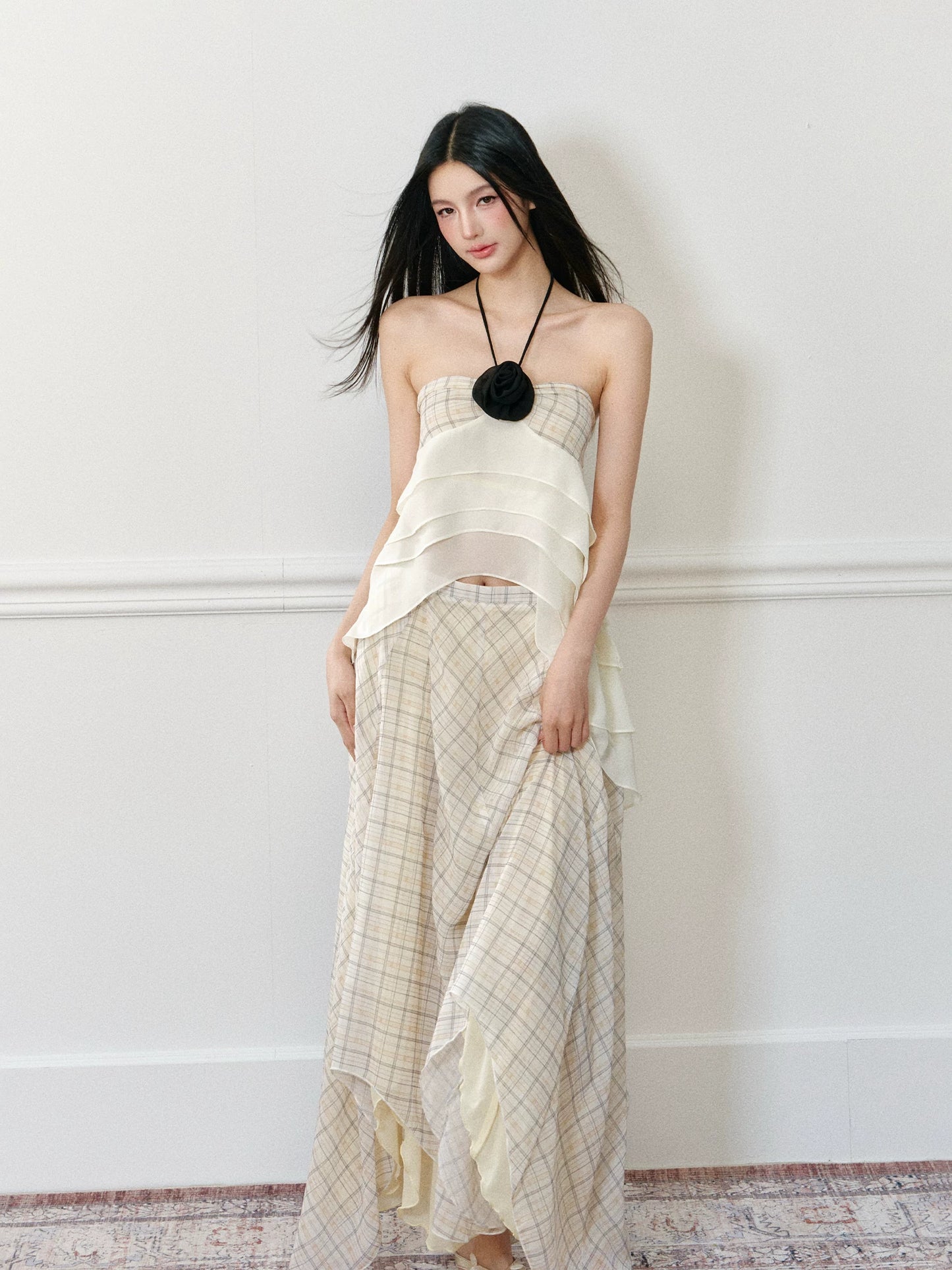 "Rose by the Sea" Rose Halter Top & Asymmetrical Plaid Maxi Skirt Set