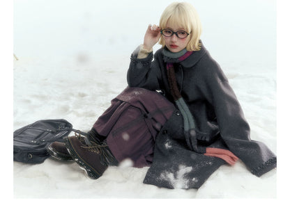 Horridale - Korean-Inspired Dark Gray Ruffle-Trim Long Wool-Blend Coat