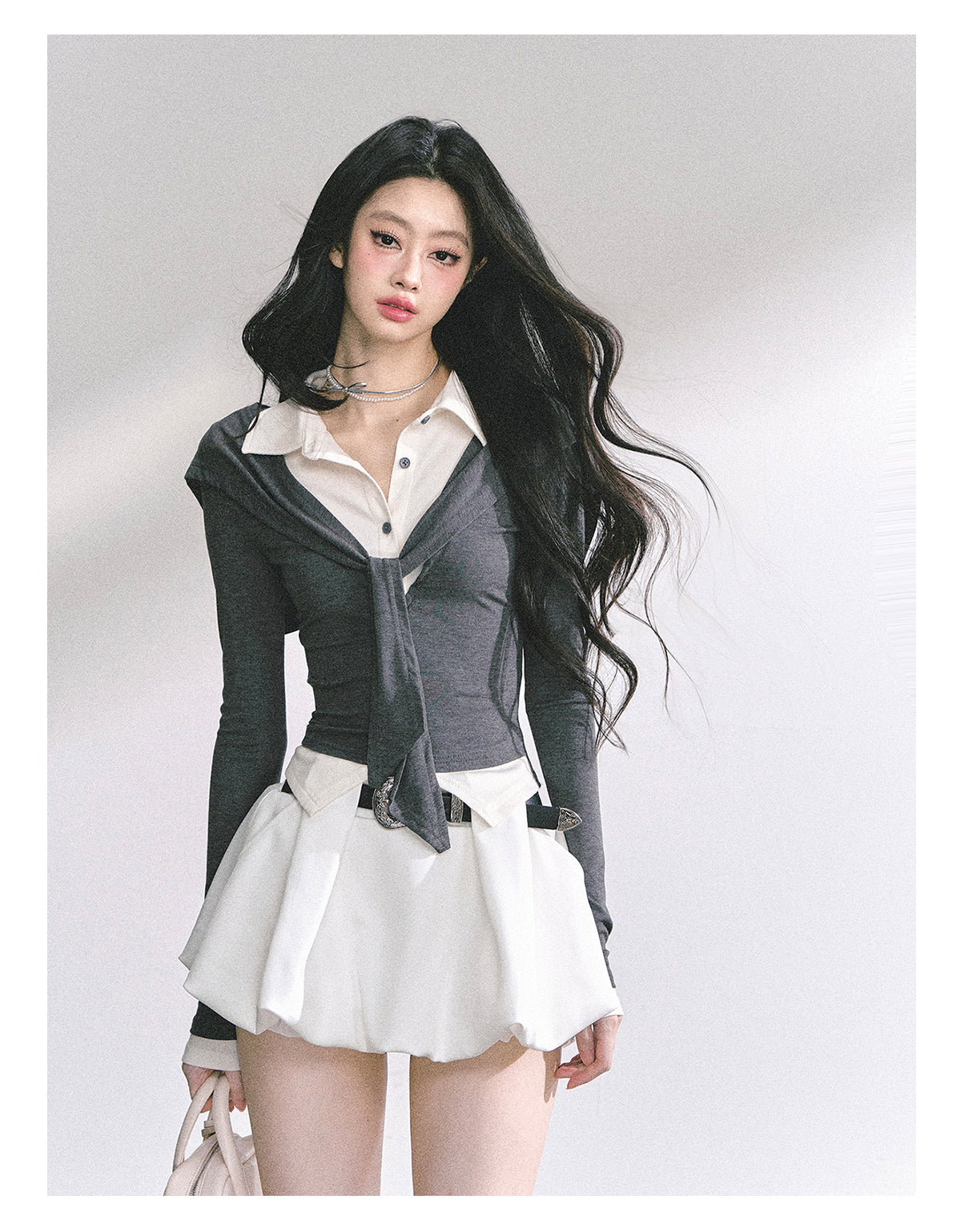 少也眼 "London Art Student" Layered Polo Long Sleeve Crop Tee