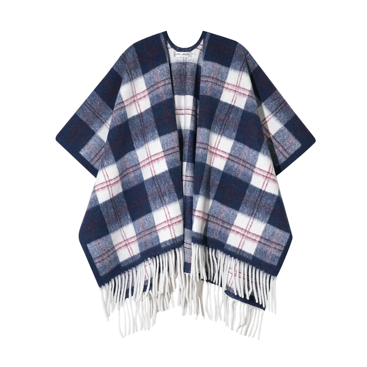 ASGONY - Navy Plaid Fringe Wrap Scarf
