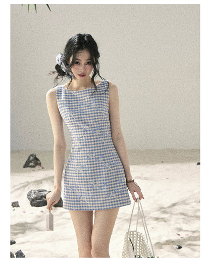 "Sea Breeze Reverie" Sky Blue Embroidered Plaid Mini Dress (With Matching Scrunchie)