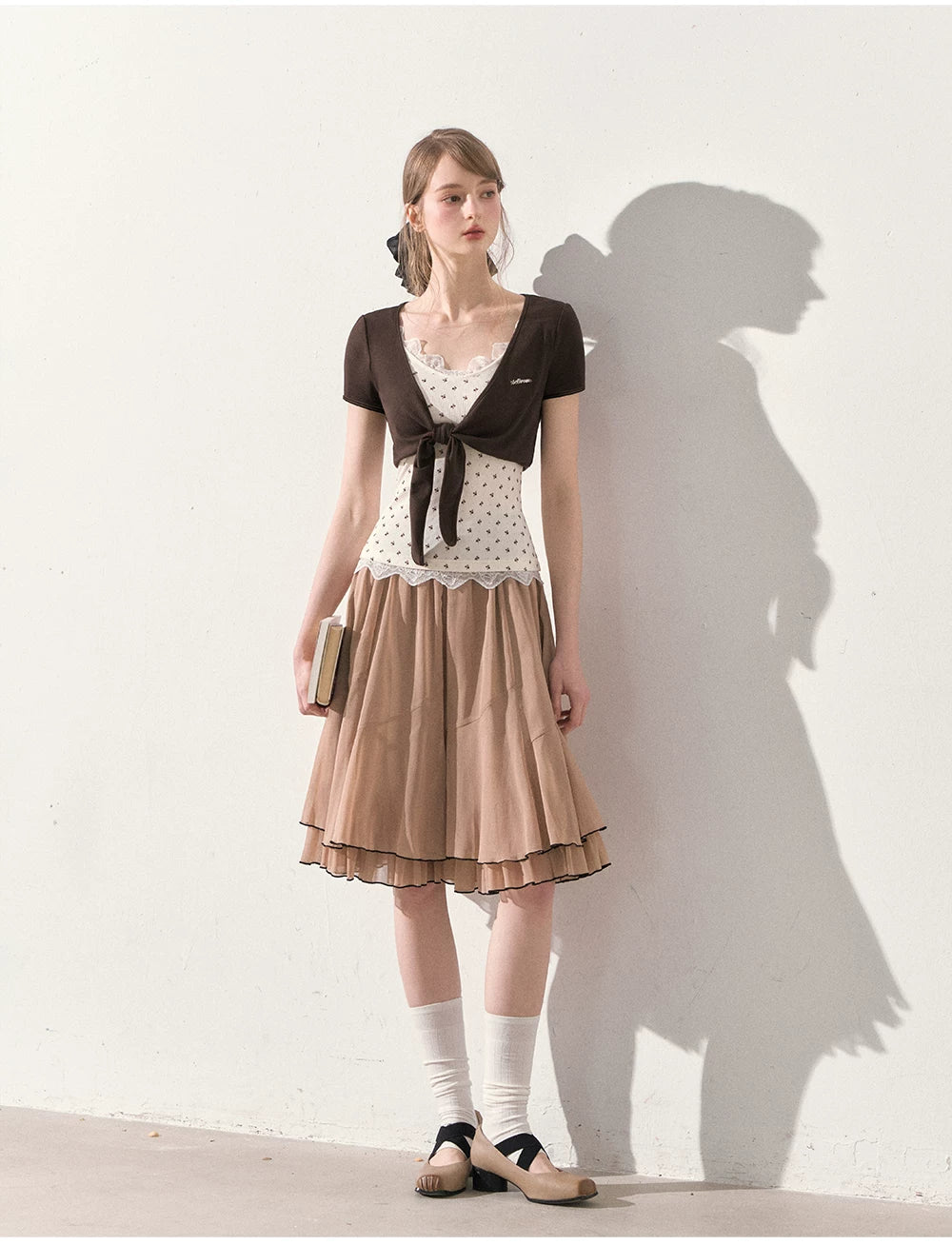 "Summer Café Encounter" Chocolate Knit Cardigan, Floral Lace Cami & Mocha Chiffon Skirt Set