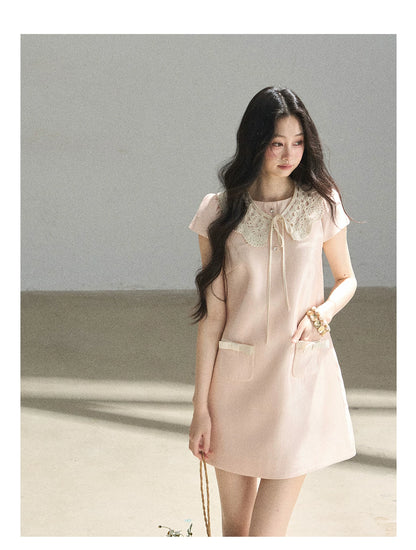 "Blush Haze" Cinnamon Pink Lace Babydoll Mini Dress