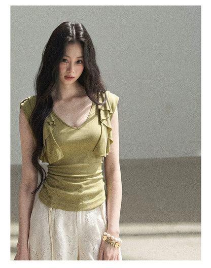 "Where Clouds Fall" Ruffle Sleeve V-Neck Crop Top (Forest Green/ Sage Gray/ Misty Blue/ Cinnamon Pink)