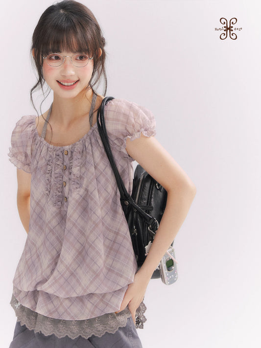 “Misty Plum Plaid” Gray-Purple Plaid Lace Trim Halter Top