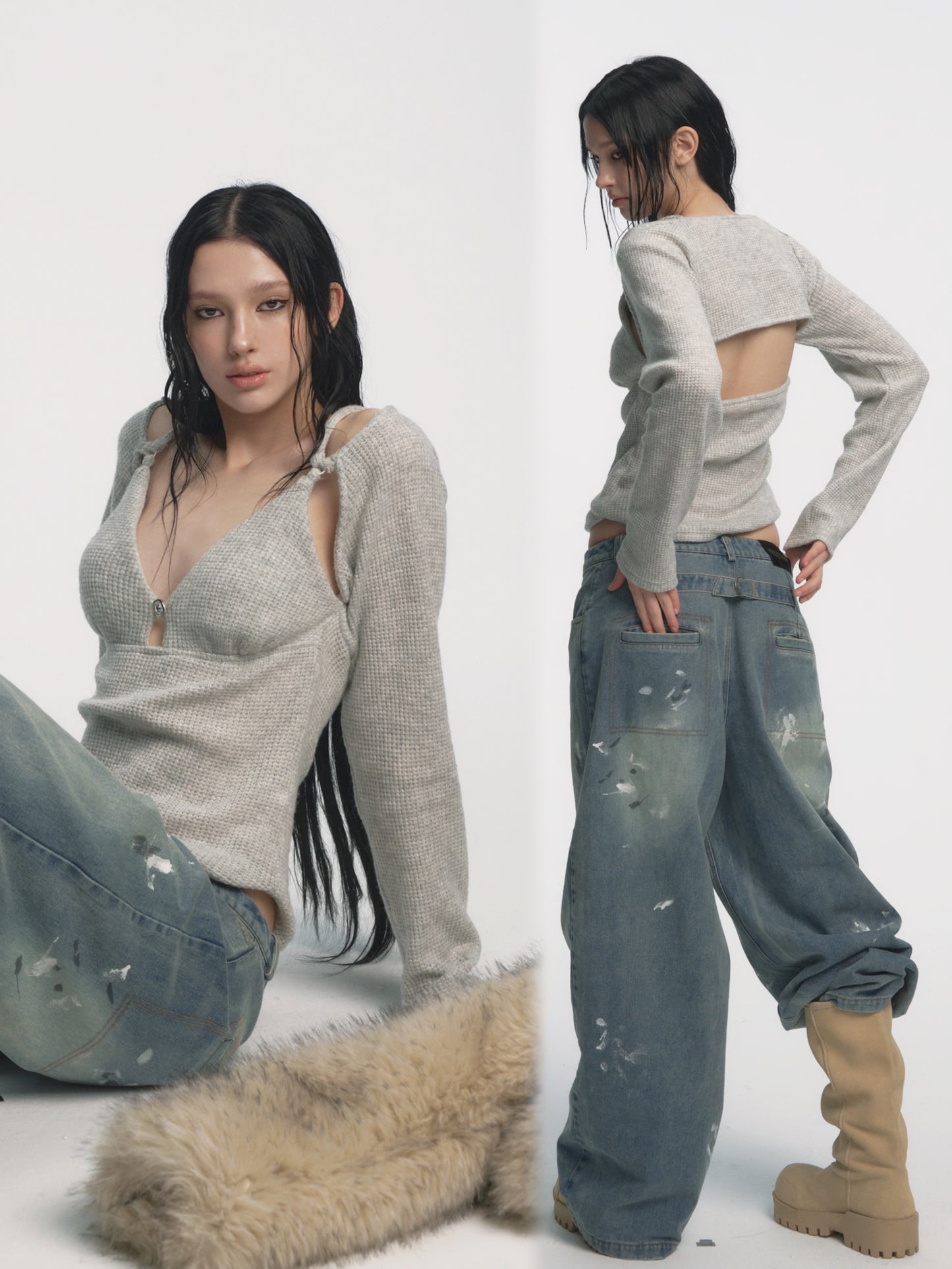 Muirgen - Gray Cut-Out Shoulder V-Neck Knit Top