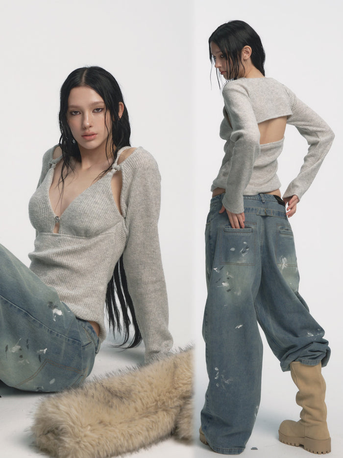 Muirgen - Gray Cut-Out Shoulder V-Neck Knit Top