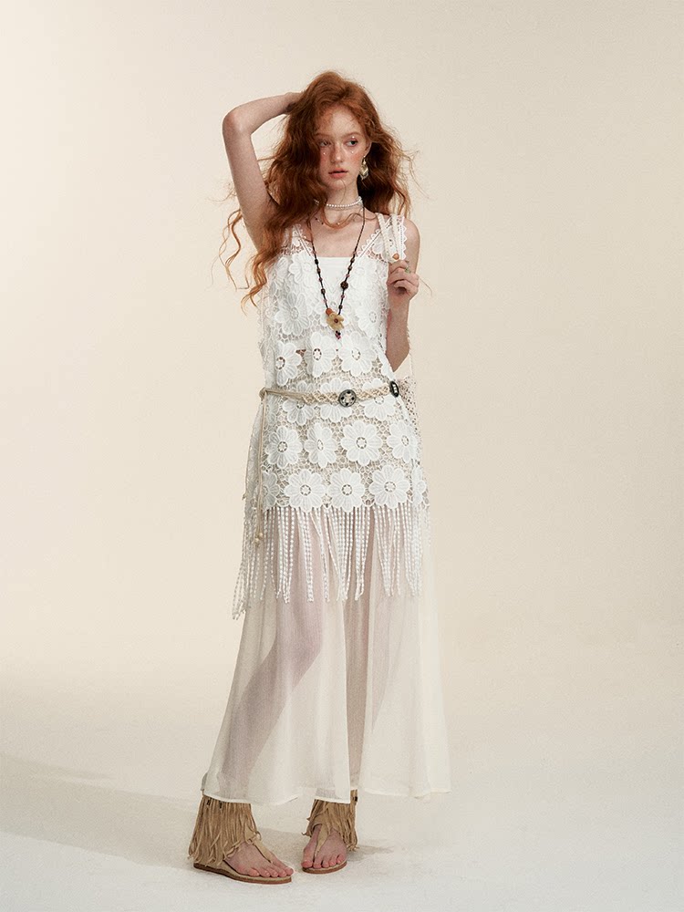 Apricot Sheer-Panel Midi Skirt