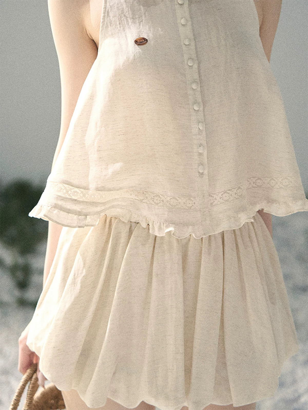 "Soft Cloud Reverie" Dutch Cream Lace Top & Bubble Skirt & Wide-Leg Pants Set 5468465
