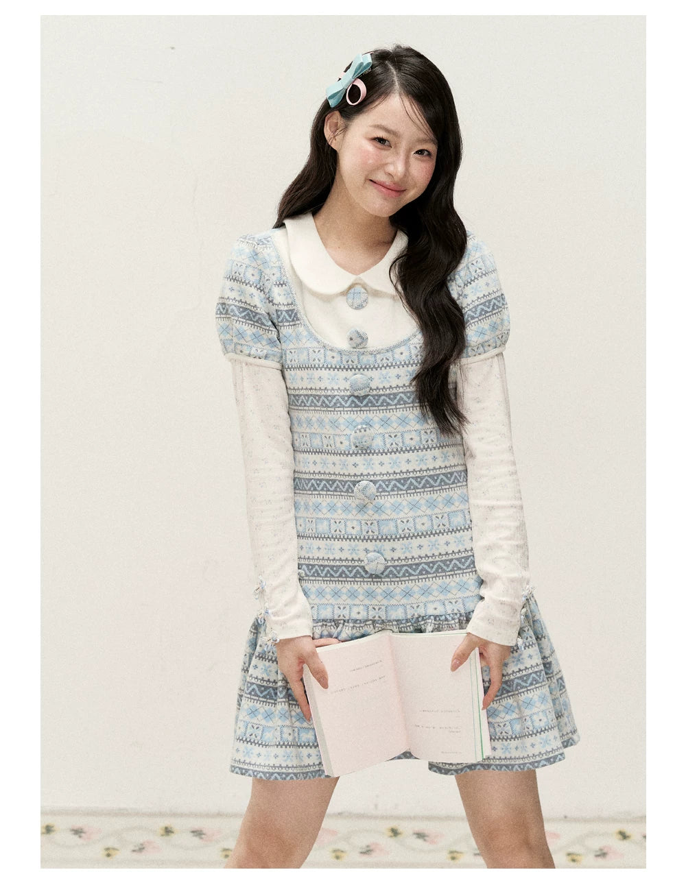 [RF] Cream Floral Peter Pan Collar Long-Sleeve Fitted Layering Top with Lace Details