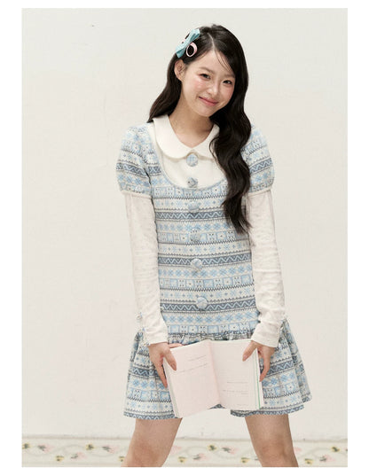 [RF] Cream Floral Peter Pan Collar Long-Sleeve Fitted Layering Top with Lace Details