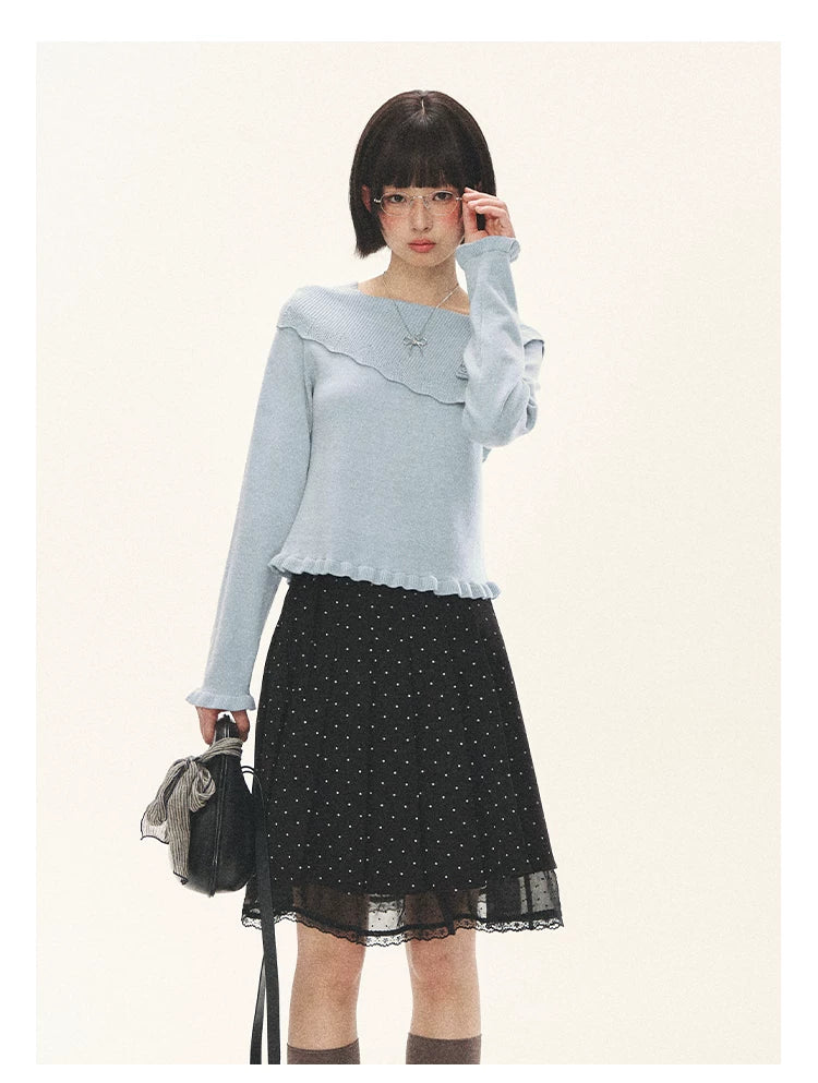 "Sea Salt Bloom" Sea Salt Blue Off-Shoulder Ruffle Knit Sweater