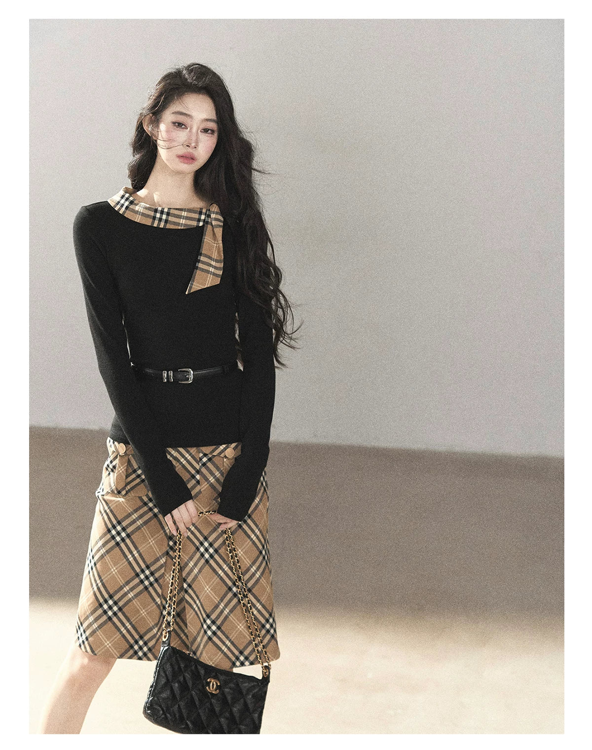 AOMALM - Black Knit Top & Light Smoky Brown Plaid Skirt Set with Belt
