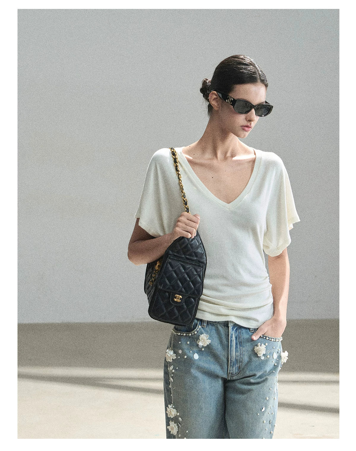 "The First Ray of Sunshine" V-Neck Crop Tee (Ginger Yellow. Creamy Apricot White)