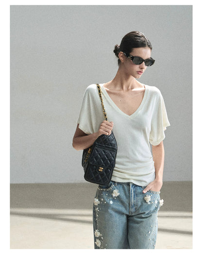 "The First Ray of Sunshine" V-Neck Crop Tee (Ginger Yellow. Creamy Apricot White)