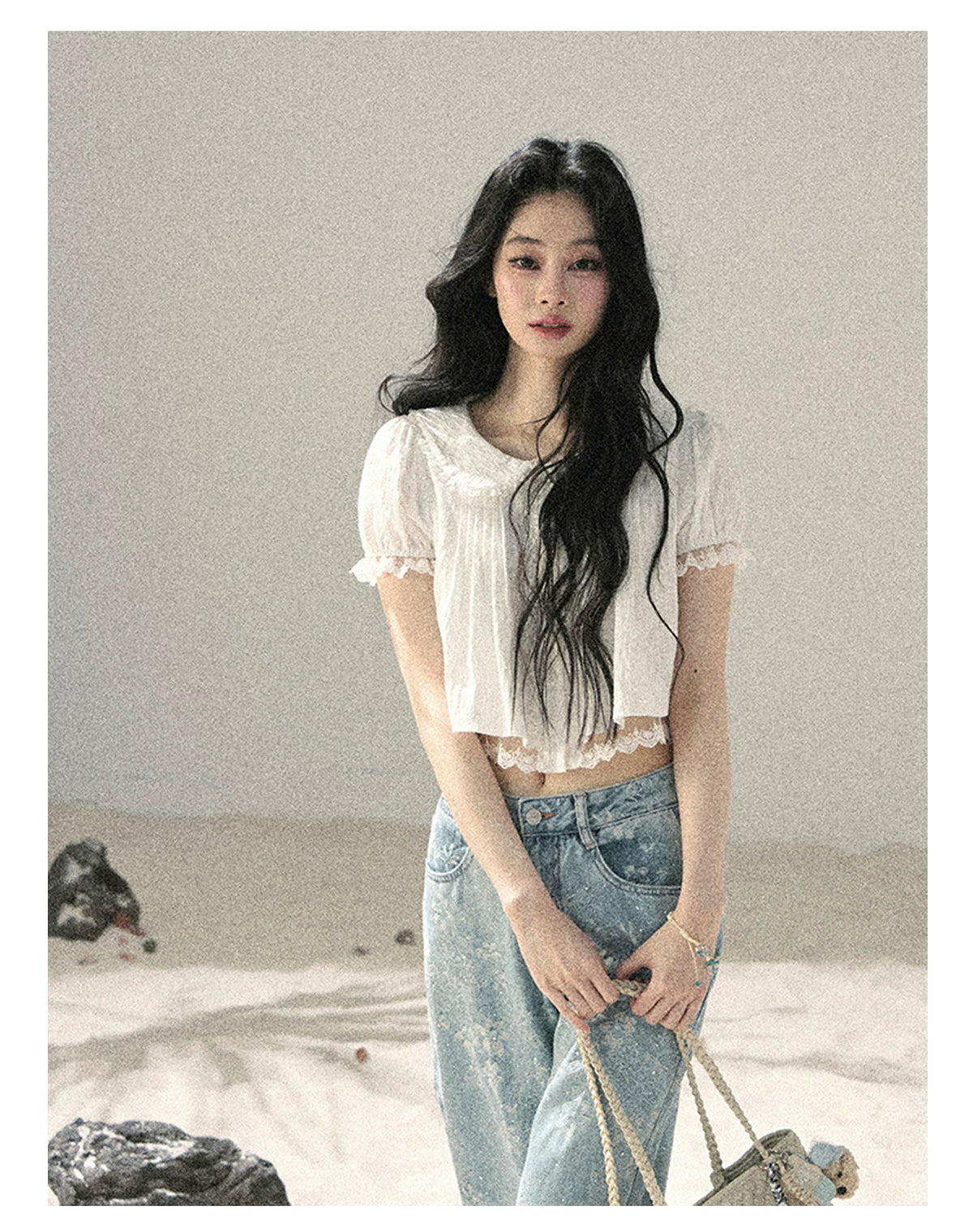 "Speechless Moonlight" Cloud White Lace Puff Sleeve Crop Top 74555