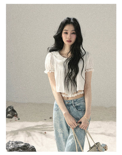 "Speechless Moonlight" Cloud White Lace Puff Sleeve Crop Top 74555