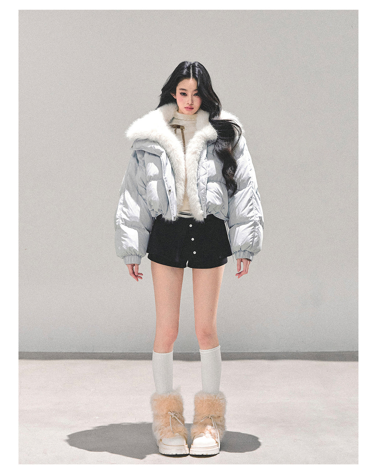 少也眼 "Silent Blue" Faux Fox Collar Down Jacket 784651