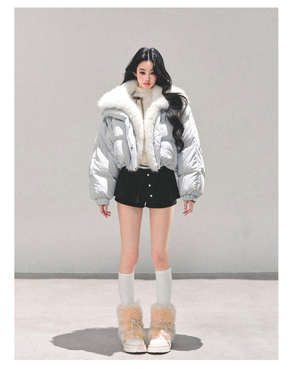 少也眼 "Silent Blue" Faux Fox Collar Down Jacket 784651