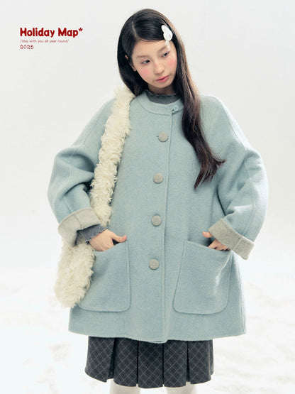 "Double Winter Embrace" Blue & Gray Reversible Wool-Blend Cape Coat