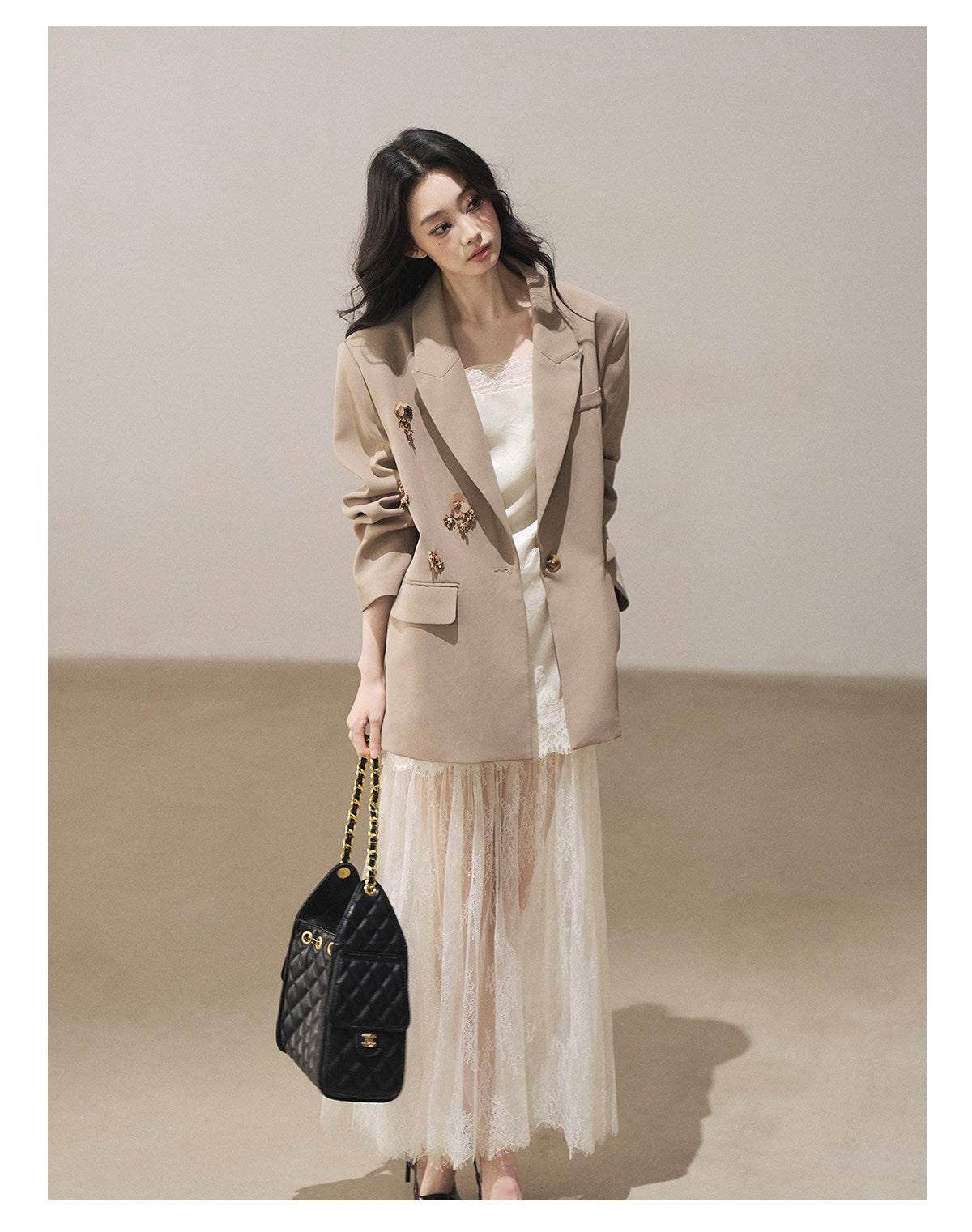 170726 "Your Open Meadow" Cream Apricot White Lace Slip Dress + Gray Taupe Tailored Blazer