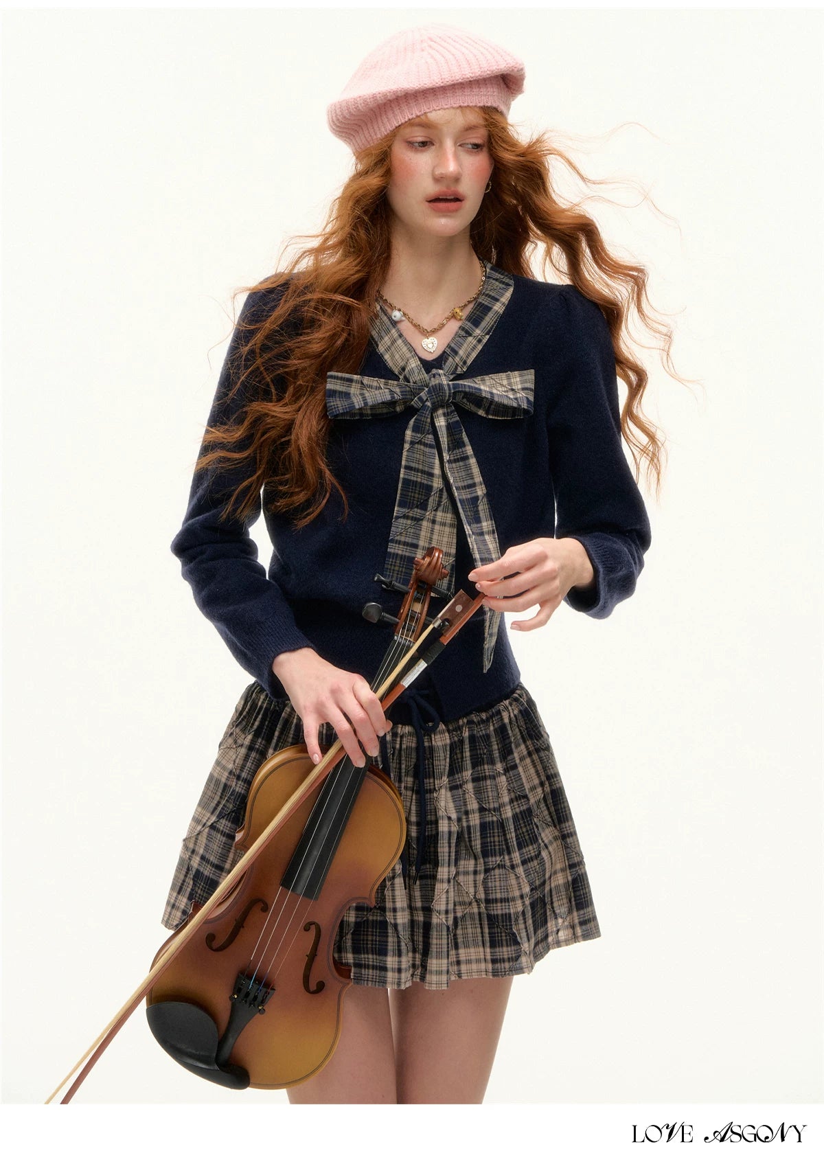 ASGONY - Navy Plaid Bow Detail Cropped Knit Cardigan