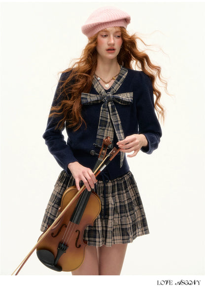 ASGONY - Navy Plaid Bow Detail Cropped Knit Cardigan