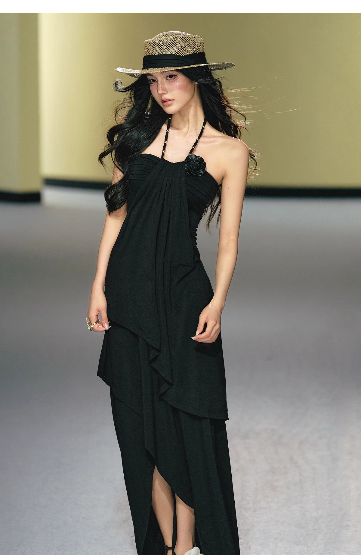 "Moonlit Reverie" Halter Layered Maxi Dress (Black/ Blush Pink)