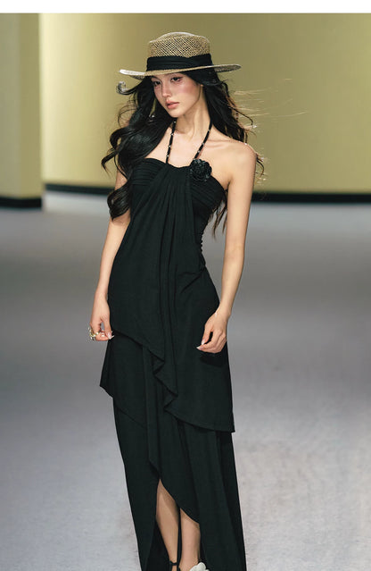 "Moonlit Reverie" Halter Layered Maxi Dress (Black/ Blush Pink)