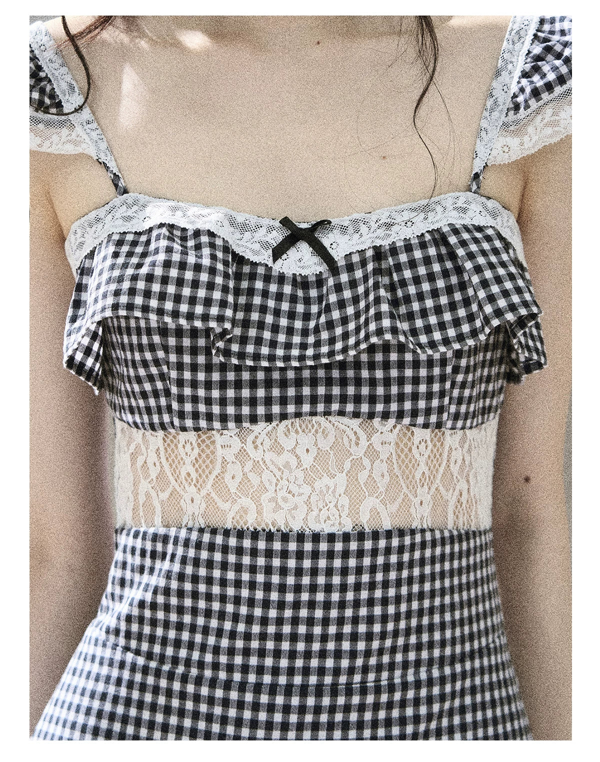 "Her in the Old Film" French Lace Plaid A-Line Mini Dress