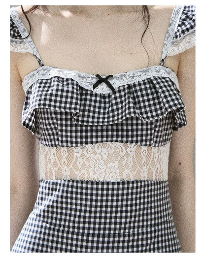 "Her in the Old Film" French Lace Plaid A-Line Mini Dress