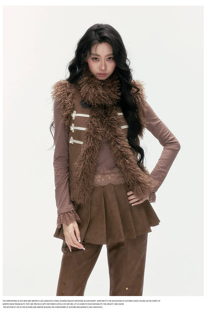 24olvides - Faux Suede Faux Shearling Vest with Pearl Buttons (White / Brown)