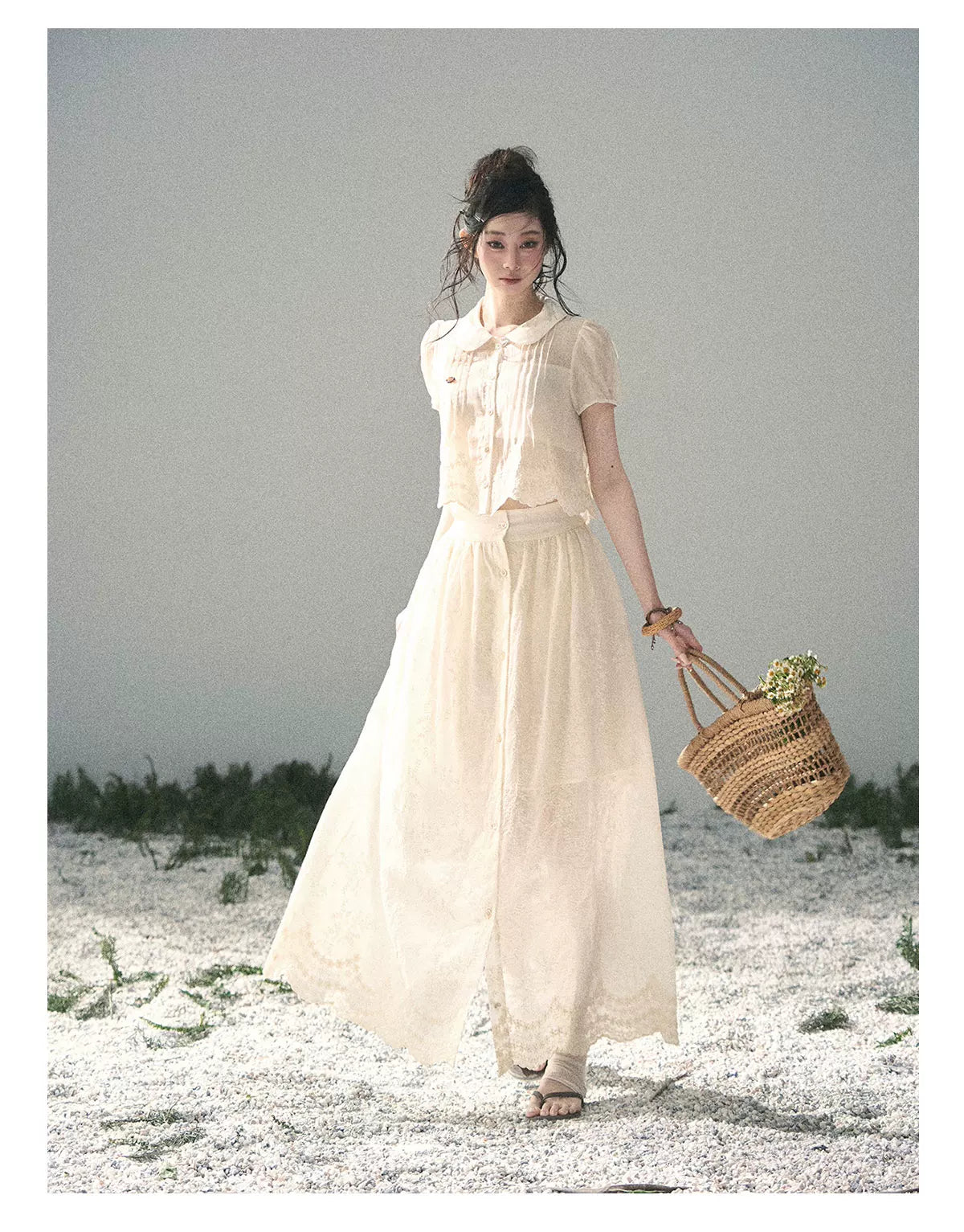 "Apricot Blossom After Rain" Dutch Cheese Lace Blouse & Maxi Skirt Set 532453