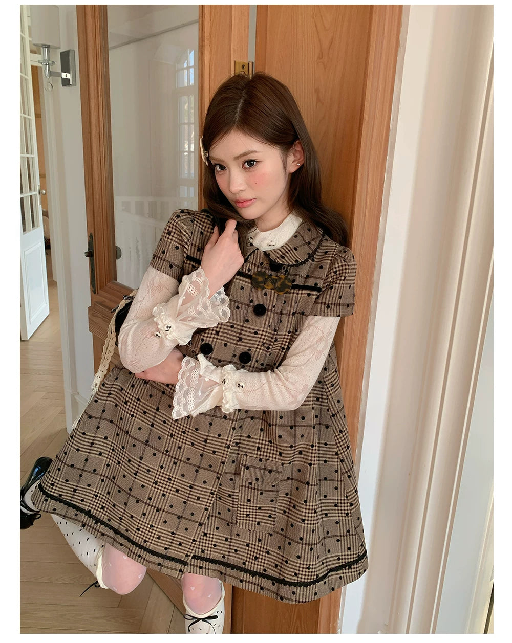 “Hazel Rococo Reverie” Khaki Plaid Polka Dot Dress