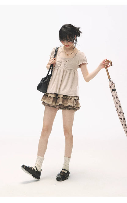 "Sweetheart Crew" Polka Dot Faux Two-Piece Bow Knit Short Sleeve Top