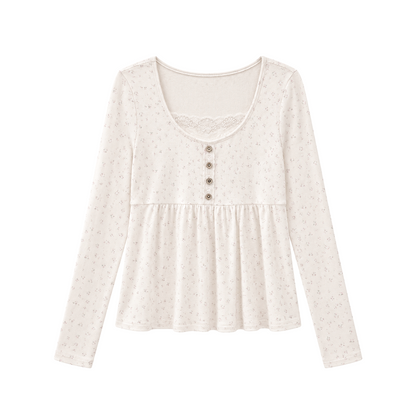 CAN - "A Meadow of Dreams" Apricot Beige Floral Lace-Trim Ruched Top