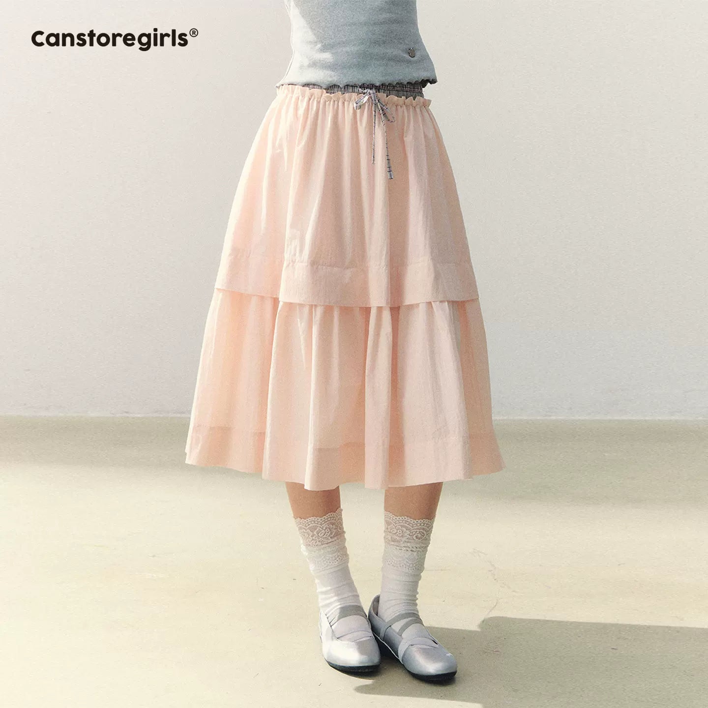 "Milky Peach Plaid Roll" Pleated Hem A-line Midi Skirt WW2026055