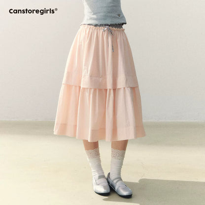 "Milky Peach Plaid Roll" Pleated Hem A-line Midi Skirt WW2026055